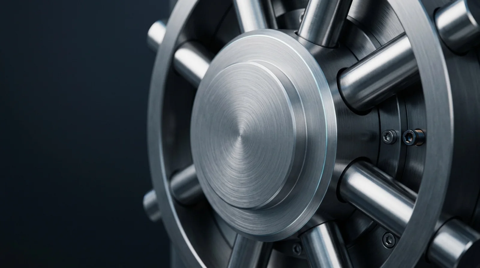 A close view of a machined metal circular mechanism.