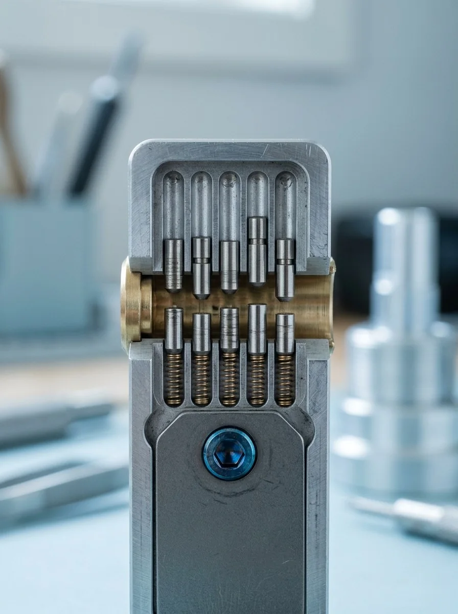 Aligned metal components in a technical material study.